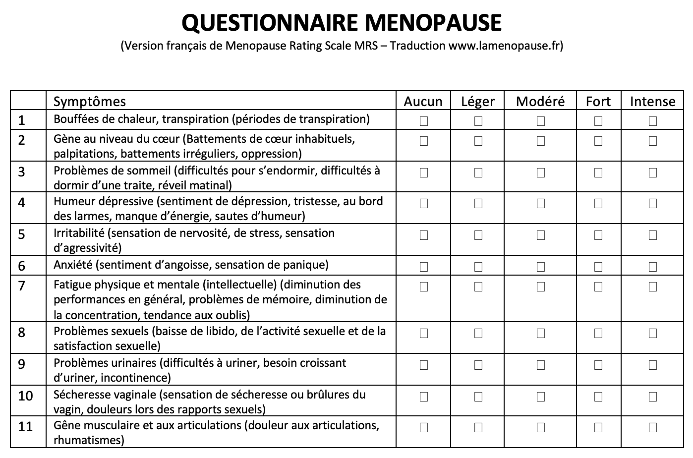 Questionnaire Ménopause MRS Menopause Rating Scale